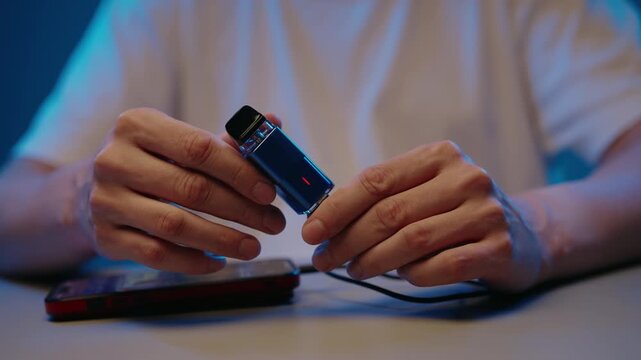 Unrecognizable person charging blue electronic cigarette using reverse charge feature from smartphone, with green led light indicating device receiving power from phone, close-up, slow motion.