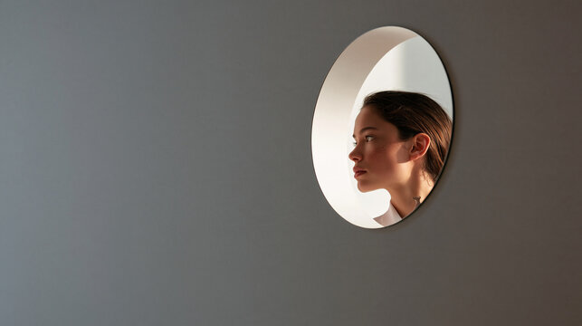Thoughtful Woman Looking Through Circular Window Opening