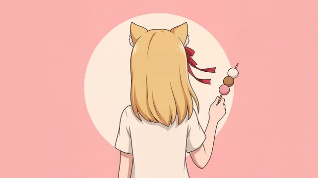Anime catgirl from behind with cat ears holding dango skewer, peach blossom pink background, seamless loop 2D cel animation, cute retro lo-fi Japanese style, faceless, silent 8 seconds