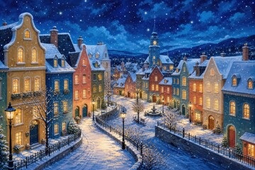 Obraz premium Enchanting snowy village street beneath a starry winter sky