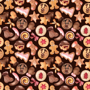 Watercolor Christmas seamless pattern with gingerbread and chocolate cookies on brown background