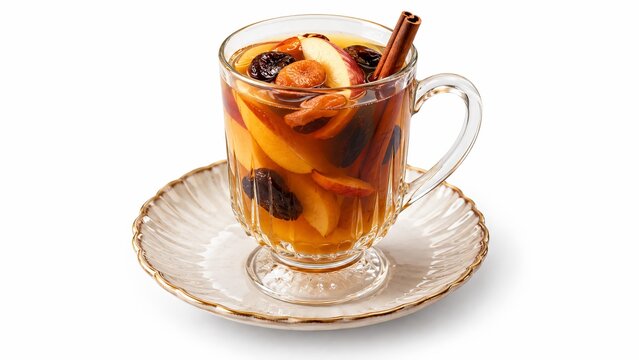 Traditional spiced dried apple fruit drink kompot with cinnamon isolated on white