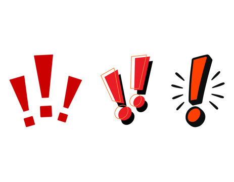 Three distinct graphic representations of red exclamation marks, conveying urgency, warning, and emphasis in various styles on a clean white background.