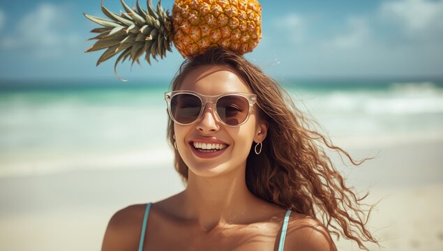Smiling Woman Wearing Sunglasses Balancing a Pineapple on Her Head at a Sunny Tropical Beach Resort