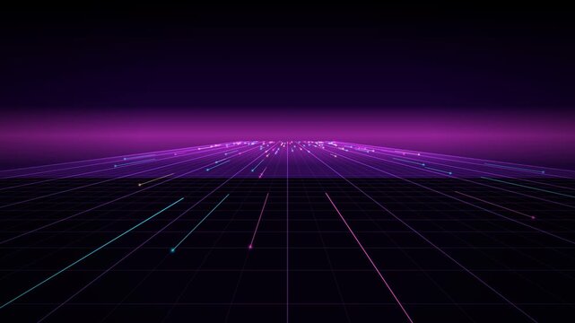 Retro neon grid horizon in purple with glowing data streaks flying forward in synthwave style