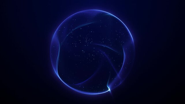 4K looped 3D sphere. Smooth blue orb with cosmic particles inside. Liquid energy sphere, subtle glow. Minimalist transparent orb, animated science background.