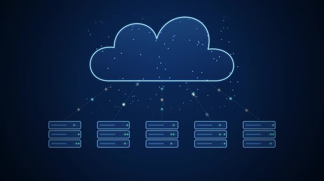 Cloud computing icon sending streams of data particles to server racks in a datacenter