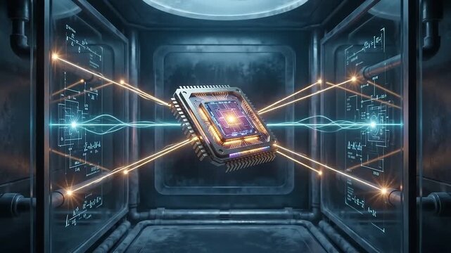 Futuristic CPU microchip floats in a high-tech laboratory with glowing data streams and energy waves, zooming into the processor core