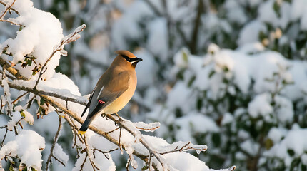Obraz premium Cedar Waxwing bird perched on a snowy, ice-covered branch in winter
