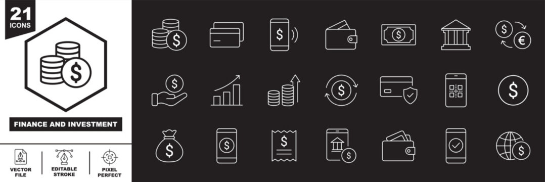 Business and finance line icon set with editable stroke. Banking, money, growth, analytics, and investment linear icons. Stock market, financial trading graph, business investment growth and forex exc
