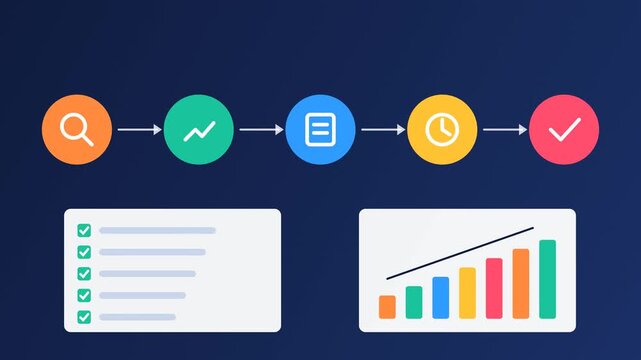 Business workflow process steps with icons checklist filling and colorful bar chart growing