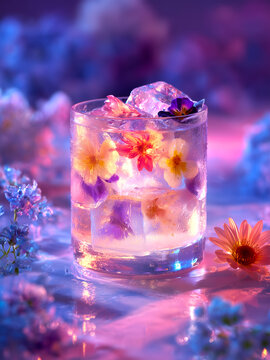 An iced floral cocktail with floating edible flowers, glowing condensation on surreal glass, soft pastel cinematic close-up scene.
