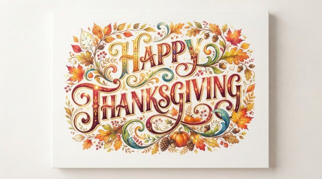 A beautiful and vibrant thanksgiving illustration filled with autumn leaves and festive greetings