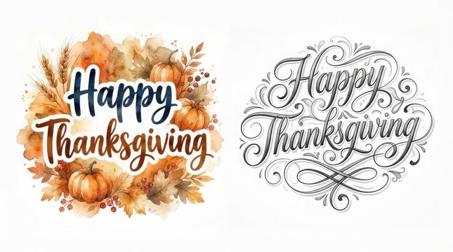 A beautiful and festive thanksgiving illustration with pumpkins and a hand lettered greeting