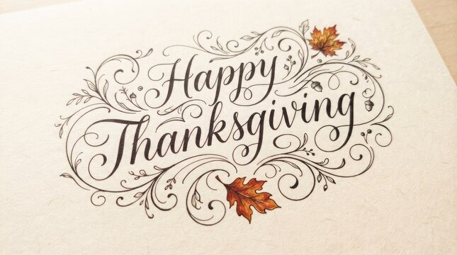 A beautifully decorated thanksgiving greeting with flourishes and autumnal leaf accents