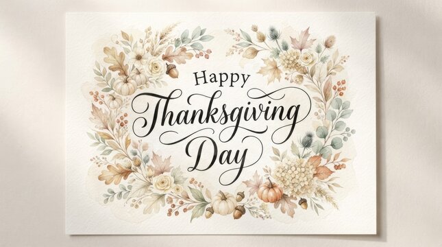 A beautiful thanksgiving day card featuring a floral wreath and elegant calligraphy design