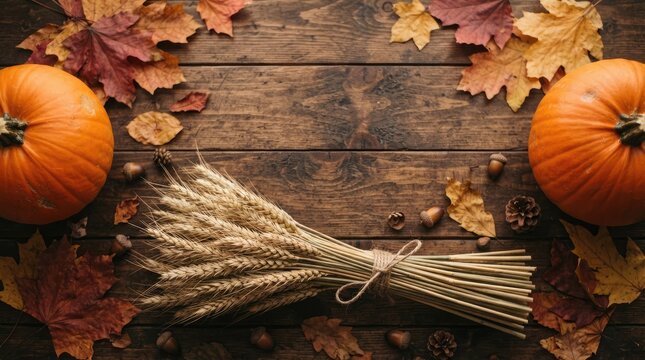 A warm and festive thanksgiving still life with pumpkins wheat and autumn leaves