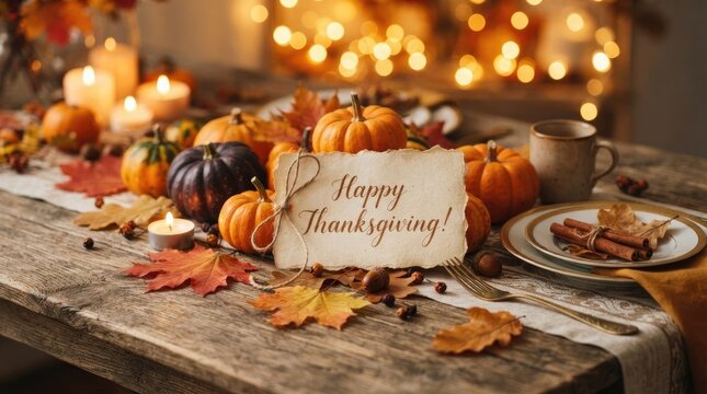 A warm and inviting thanksgiving table setting with pumpkins candles and autumnal decorations