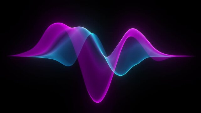 3D sound wave of blue pink glow. Amplitude of audio noise. Acoustic wave voiceover. Voice assistant Alice. Transparent waveform recording with thin glowing outline, web design style. Looped 60fps.