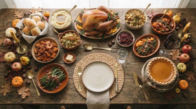 A festive thanksgiving feast a beautiful overhead view of traditional holiday dishes and decorations