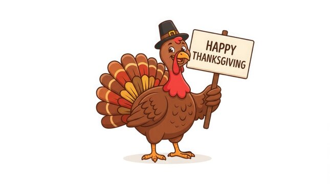 A festive turkey with pilgrim hat and a 'happy thanksgiving' sign celebrating autumn