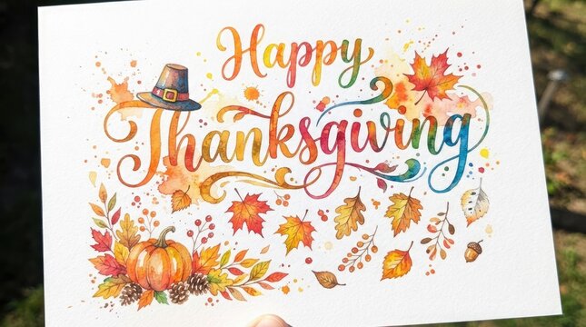 A beautiful thanksgiving watercolor illustration featuring autumn leaves pumpkins and festive calligraphy
