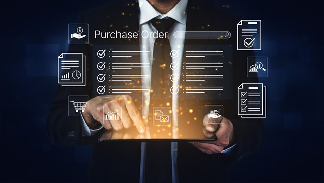 Business Person Interacting with Digital Purchase Order System on Tablet, Modern Technology, Business Efficiency, Data Management. Bitwise.