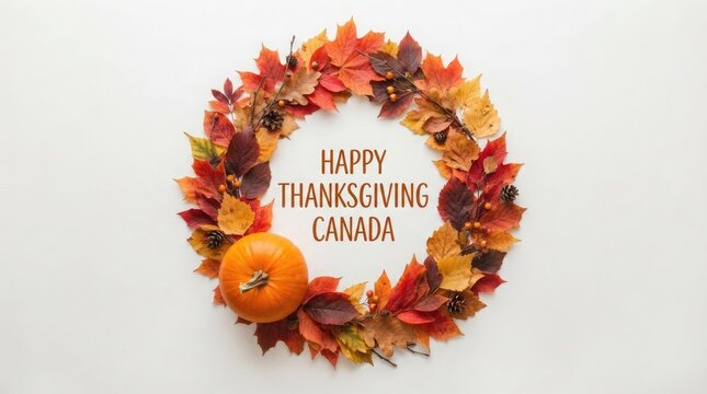 A beautiful thanksgiving wreath with autumn leaves and a small pumpkin for a festive holiday greeting