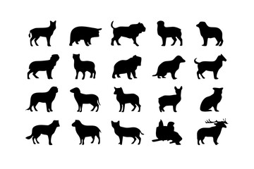Fototapeta premium Black silhouette collection of different dog breeds isolated on white background, Vector