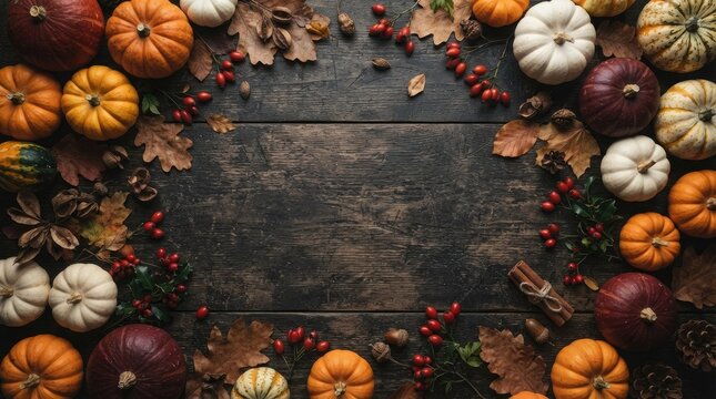 A beautiful and festive thanksgiving flat lay featuring pumpkins gourds and autumn leaves