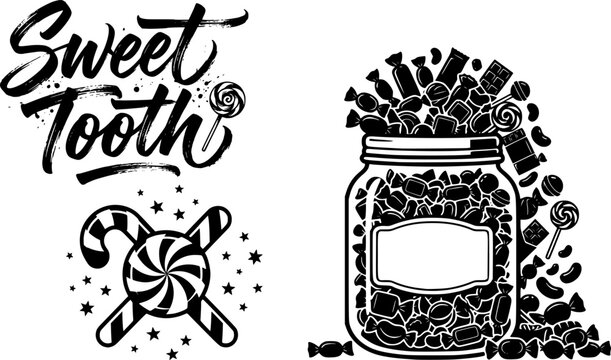 Sweet Tooth candy design set with script lettering, candy cane, peppermint swirl, and overflowing candy jar, black and white confectionery design for sweet shop branding