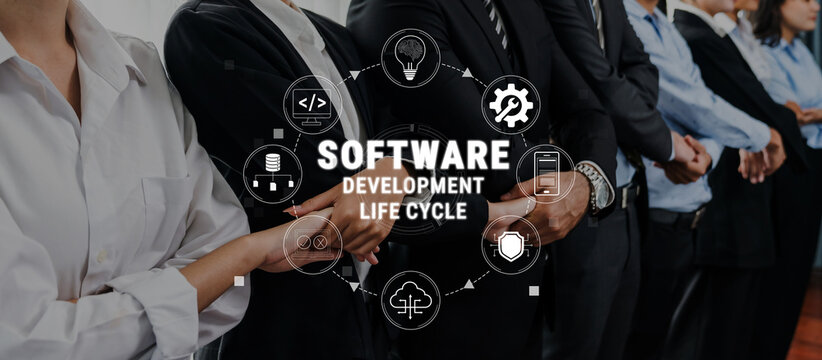 Team Collaboration in Software Development Life Cycle with Diverse Professionals Holding Hands and Icons Representing Technology Concepts Quark.