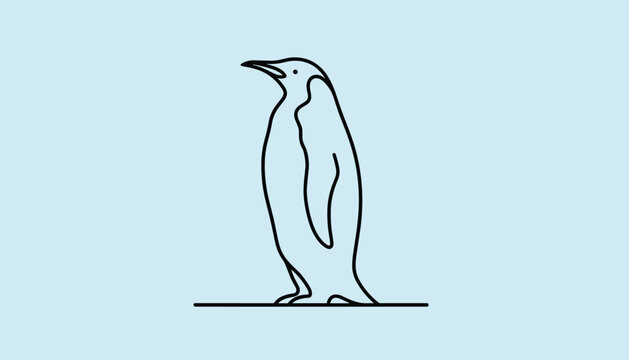 Simple line art illustration of an emperor penguin standing in profile against a soft light blue background.