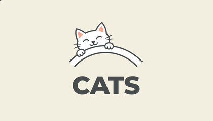 Obraz premium Cute cartoon illustration of a smiling white cat peeking over a curved border with the text cats below.