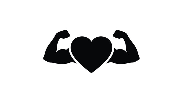 Strong heart icon showing black silhouette of a heart shape with muscular bicep arms flexing on both sides.