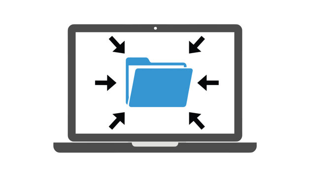 Concept of file compression and data storage featuring a blue folder on a laptop screen with arrows pointing inwards.