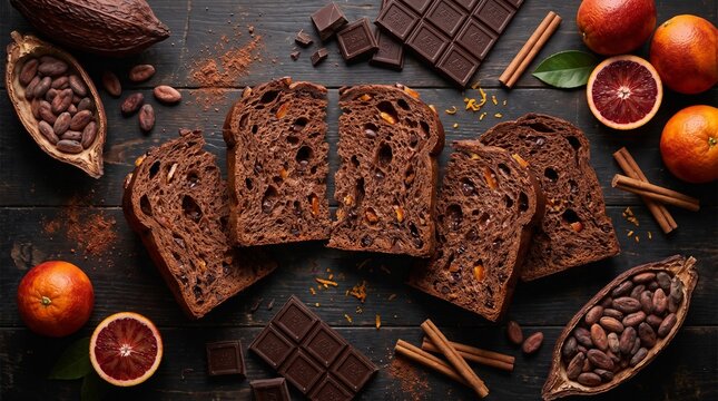 Flat Lay Overhead View of Dark Chocolate Panettone with Sicilian Blood Orange and Raw Ingredients