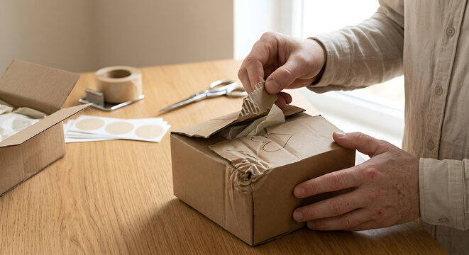 Close up of hands holding damaged dented kraft cardboard box with crushed corner and torn flap, e-commerce shipping problem and failed delivery concept