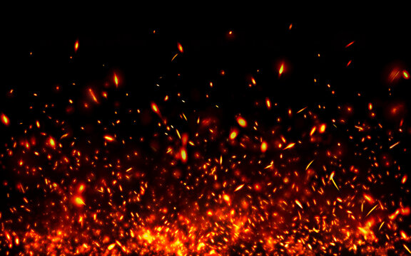 Radiant orange fire embers swirling in a dense cloud against a black backdrop with orange sparks burning fire glowing cinders fire particles