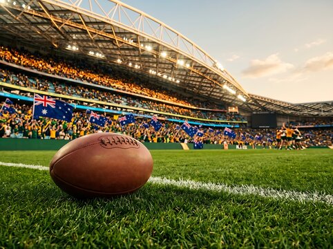 Australian rules football on stadium grass with cheering crowd and flags