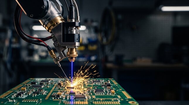 Robotic precision laser micro soldering on circuit board with sparks, advanced automation concept