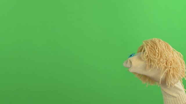 Funny sock puppet walking and smiling