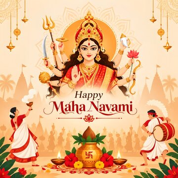 Goddess durga with traditional dancers and musicians for happy maha navami greeting traditional dance indian musicians hindu festival indian cultu
