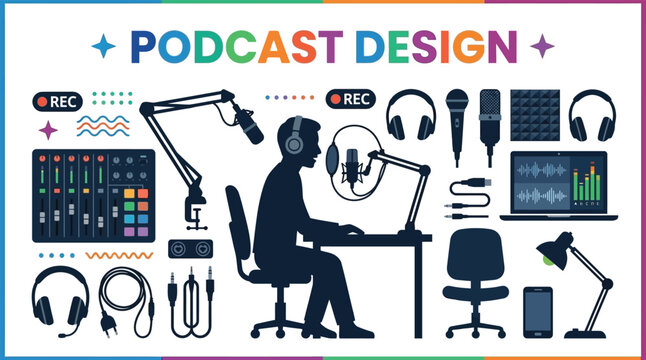 Podcast recording setup vector illustration with equipment silhouettes
