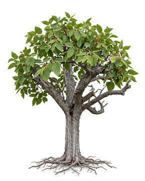 Ultra-realistic mature Netleaf Hackberry (Celtis reticulata), small rugged desert tree with gray deeply textured bark, spreading twisted branches, distinctive rough net-veined green leaves