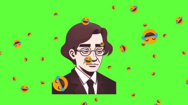 Man illustration with glasses surrounded by laughing emojis on a green background.