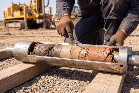 Geotechnical Engineer Soil Sampling Inspecting Core Strata Sample in Split Spoon Sampler with Spatula at Construction Drilling Rig Site