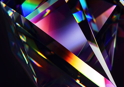 Abstract geometric crystal prisms showing sharp edges and rainbow light refractions on black with prism light beam multi colored prism effect