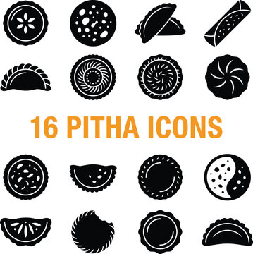 16 black and white pitha silhouette icons on white background