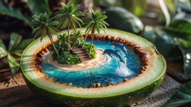 A miniature tropical island with palm trees and a jumping dolphin, created inside a half‑avocado. A photo with space for text.